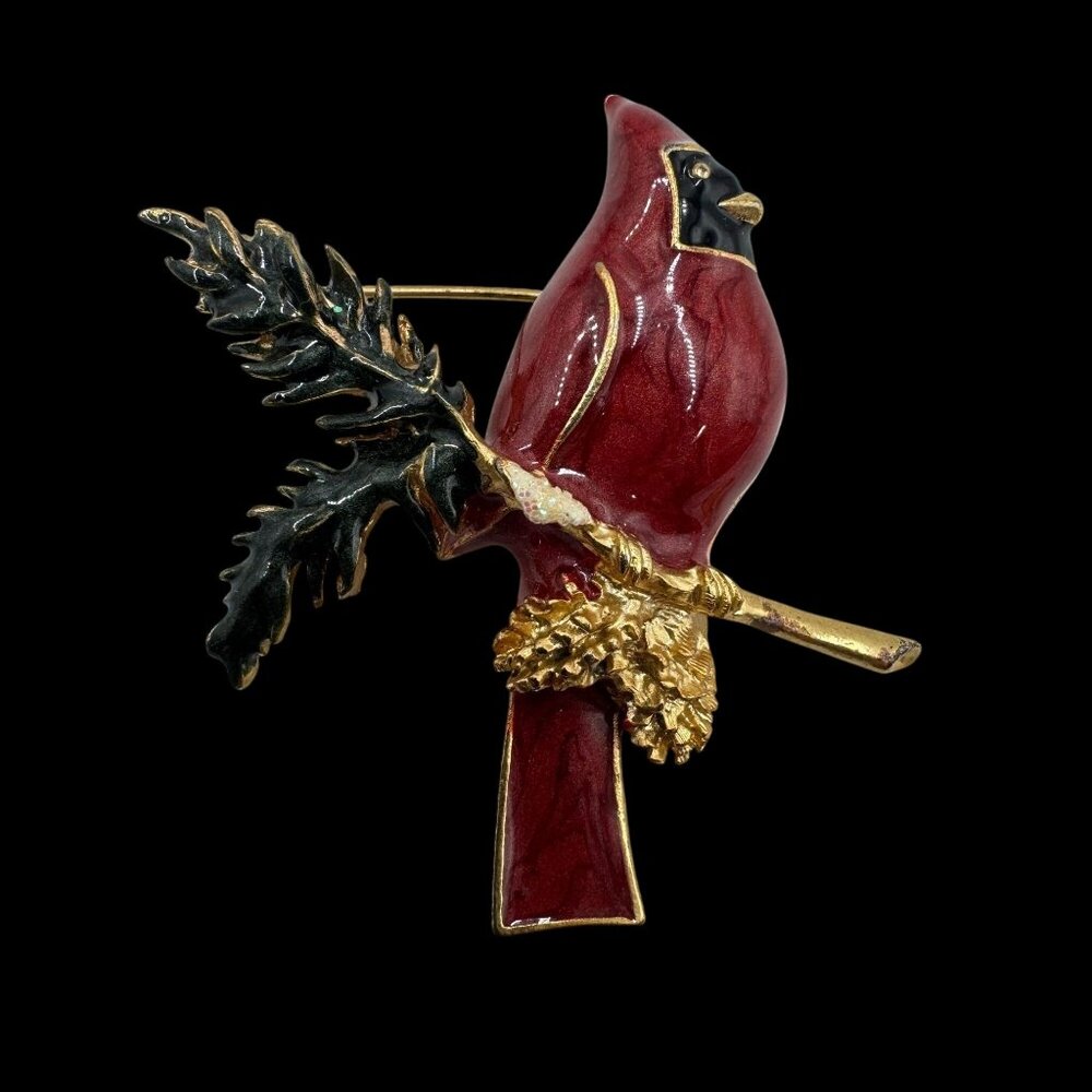 Vtg Cardinal Bird Gold-Toned Pin Brooch on Pine Branch Red & Green Enamel